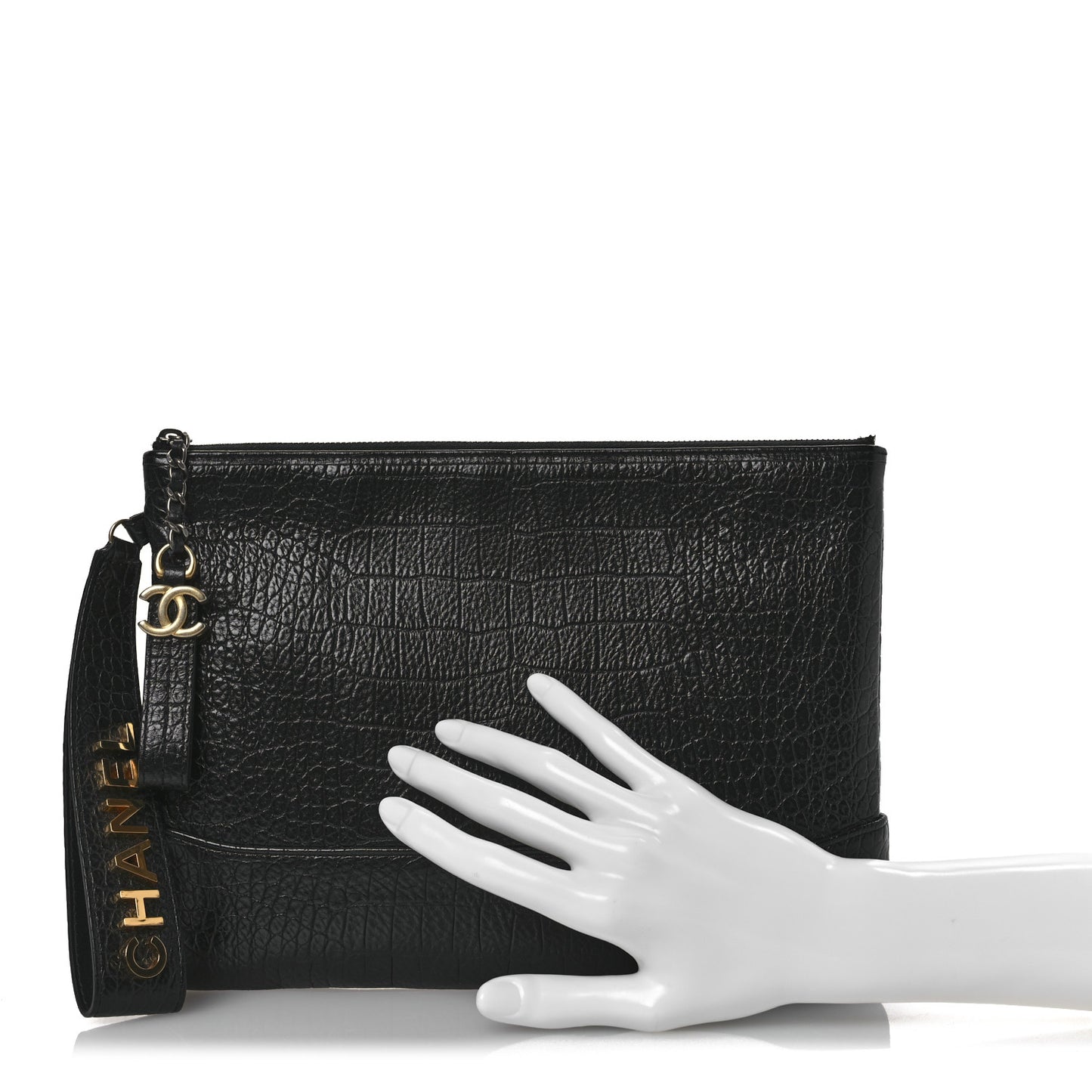 Calfskin Crocodile Embossed Quilted Medium Gabrielle Cosmetic Case Black