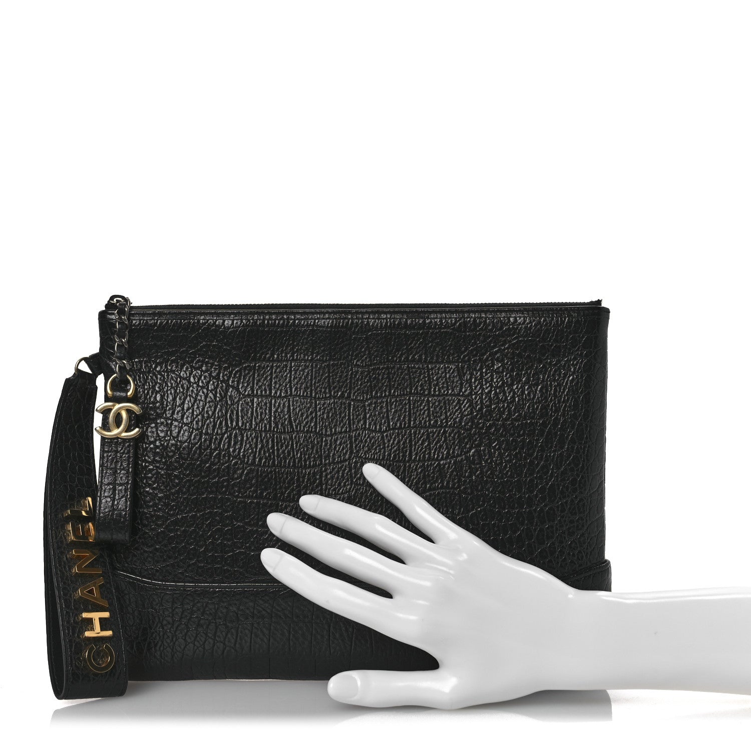 Chanel Calfskin Crocodile Embossed Quilted Medium Gabrielle Cosmetic Case Black 2 of 10