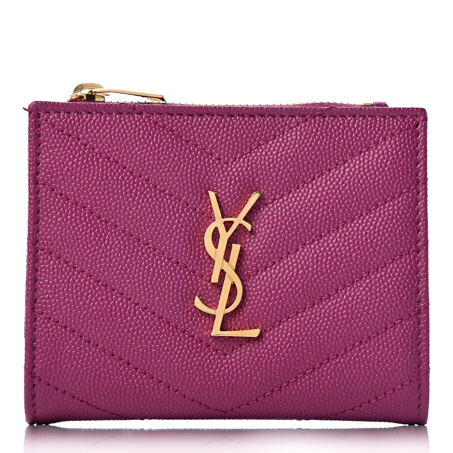 Saint Laurent Grain De Poudre Matelasse Chevron Monogram Zipped Card Case Dark Grape 1 of 9