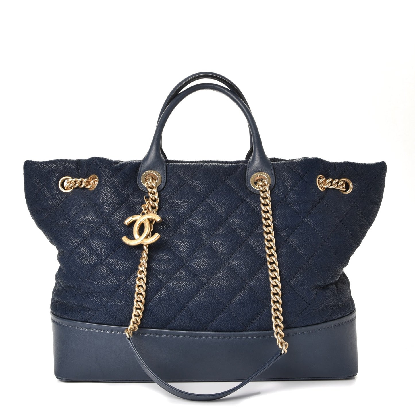 Iridescent Caviar Quilted Globe Trotter Shopping Tote Navy Blue