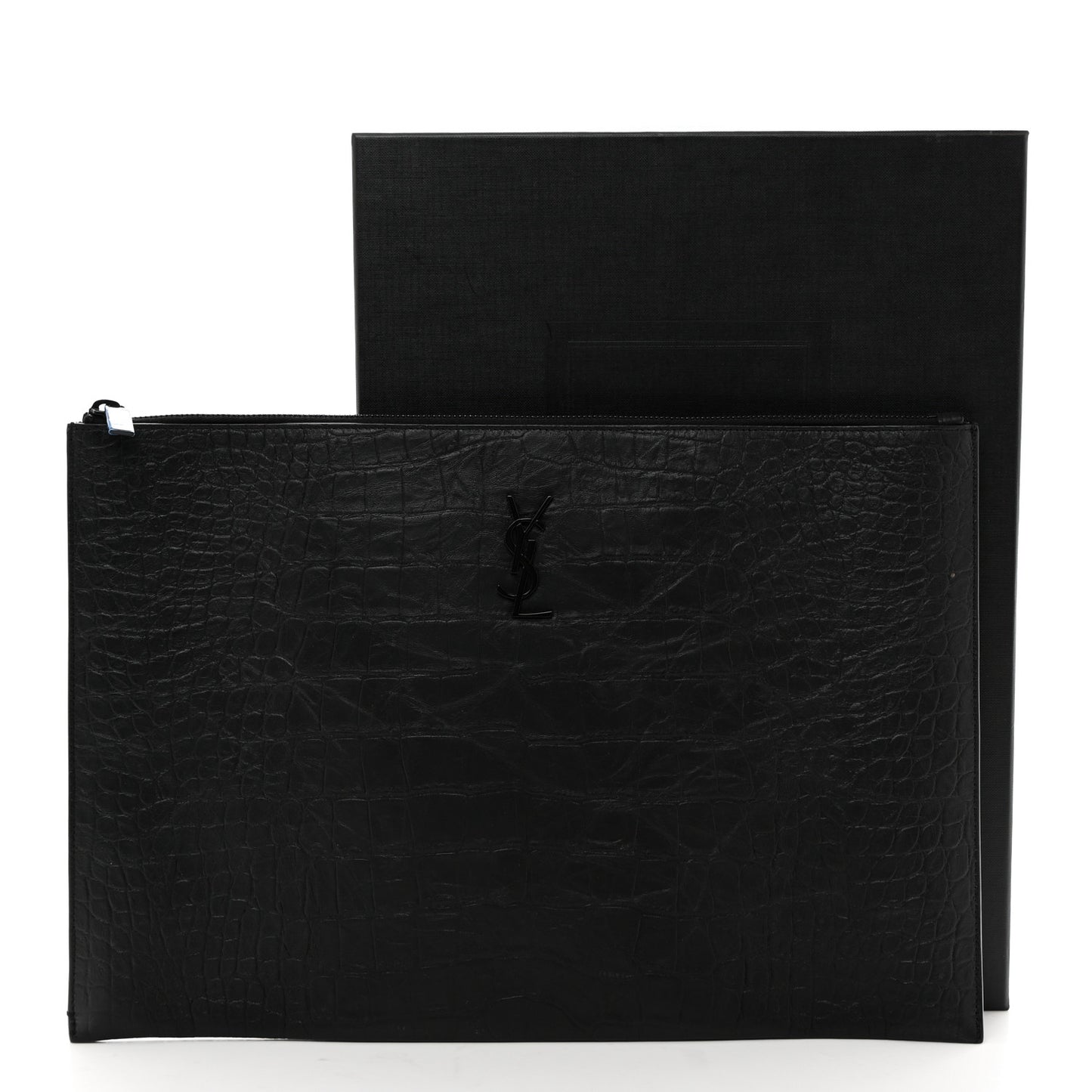Calfskin Crocodile Embossed Monogram Document Holder Black