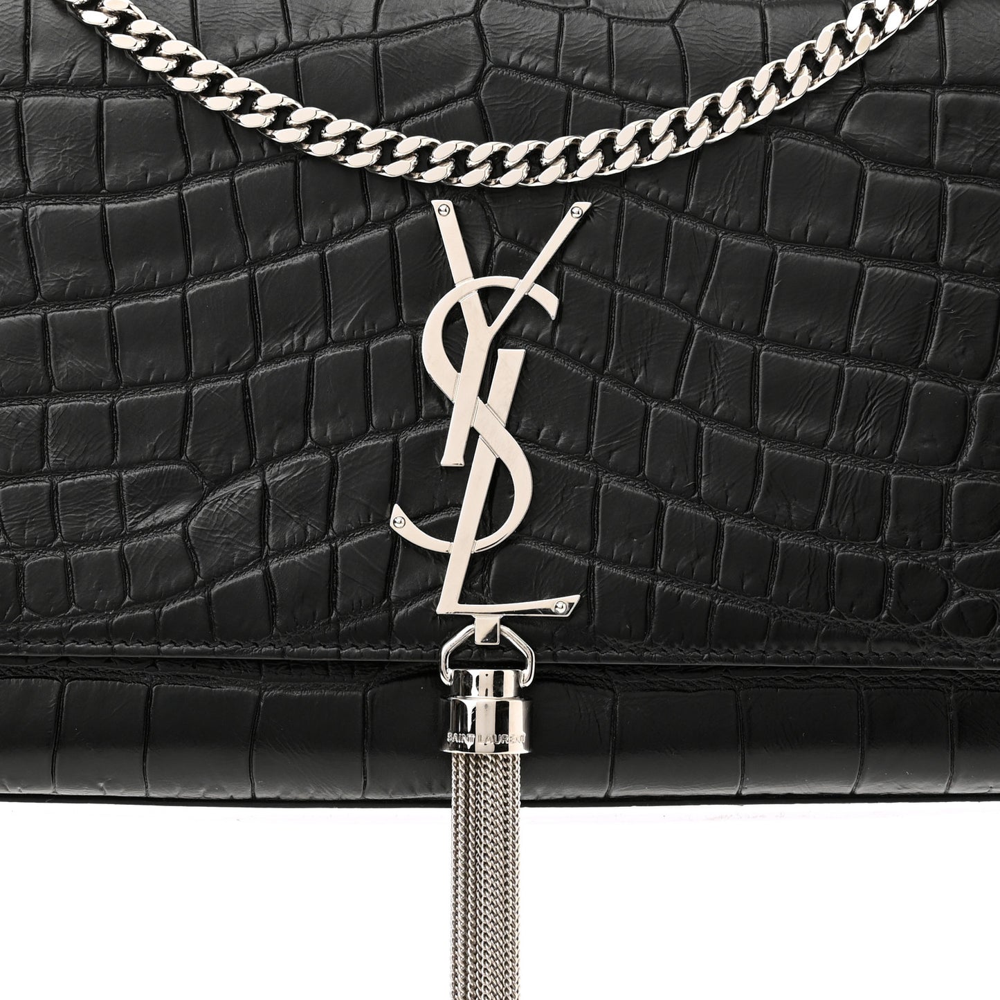 Calfskin Crocodile Embossed Medium Classic Monogram Kate Tassel Satchel Black