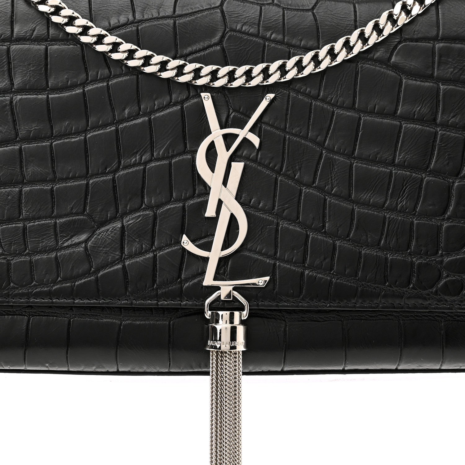 Saint Laurent Calfskin Crocodile Embossed Medium Classic Monogram Kate Tassel Satchel Black 8 of 10