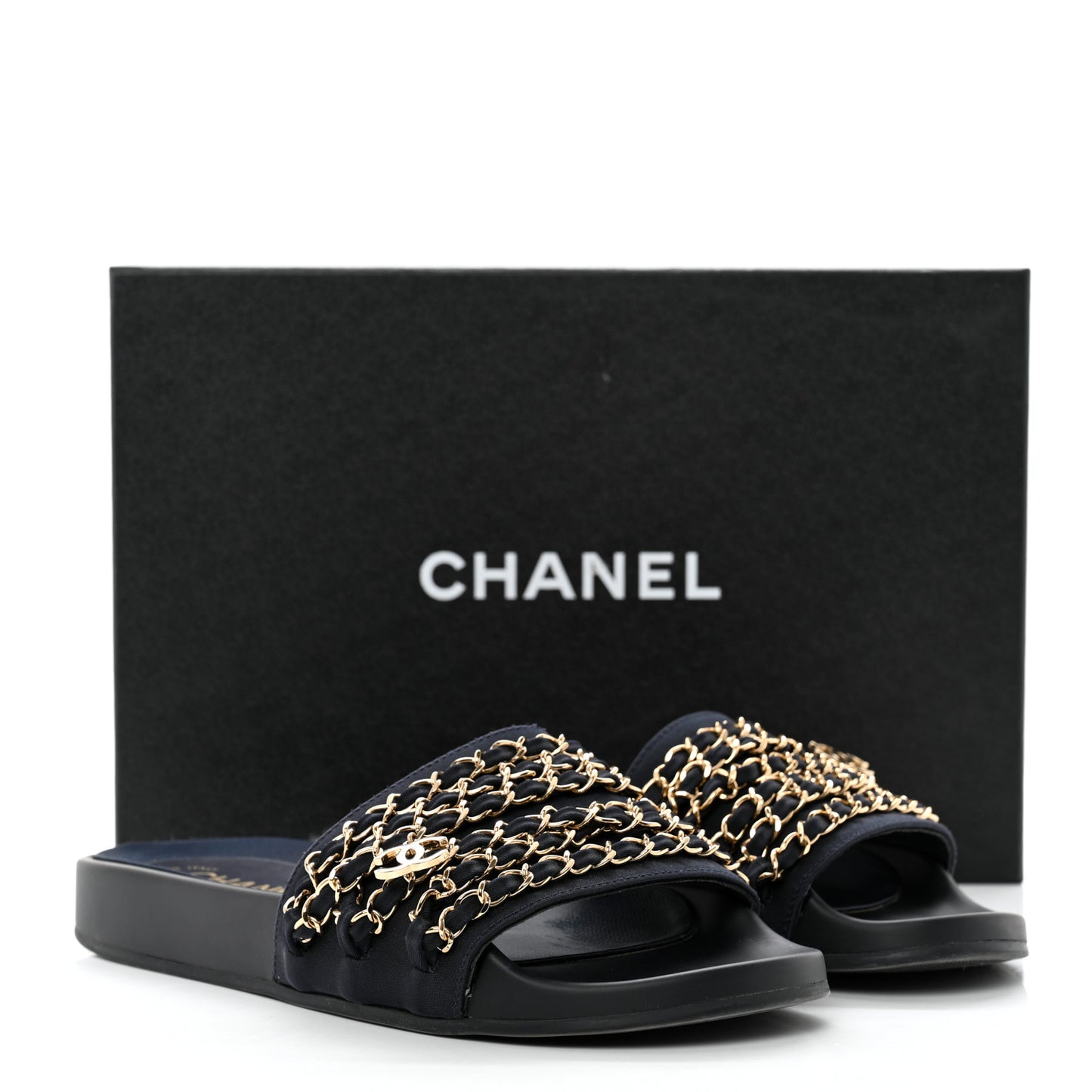 Satin Canvas Chain Slides Sandals Flats 38 Marine