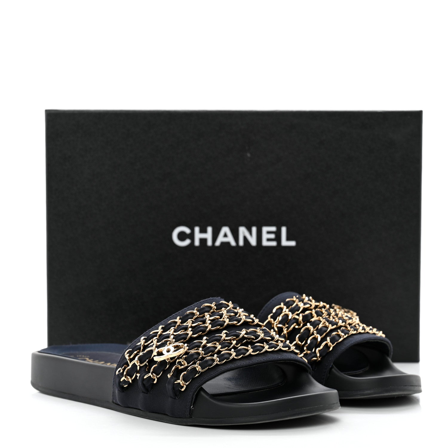 Chanel Satin Canvas Chain Slides Sandals Flats 38 Marine 9 of 9