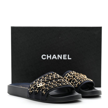 Chanel Satin Canvas Chain Slides Sandals Flats 38 Marine 9 of 9