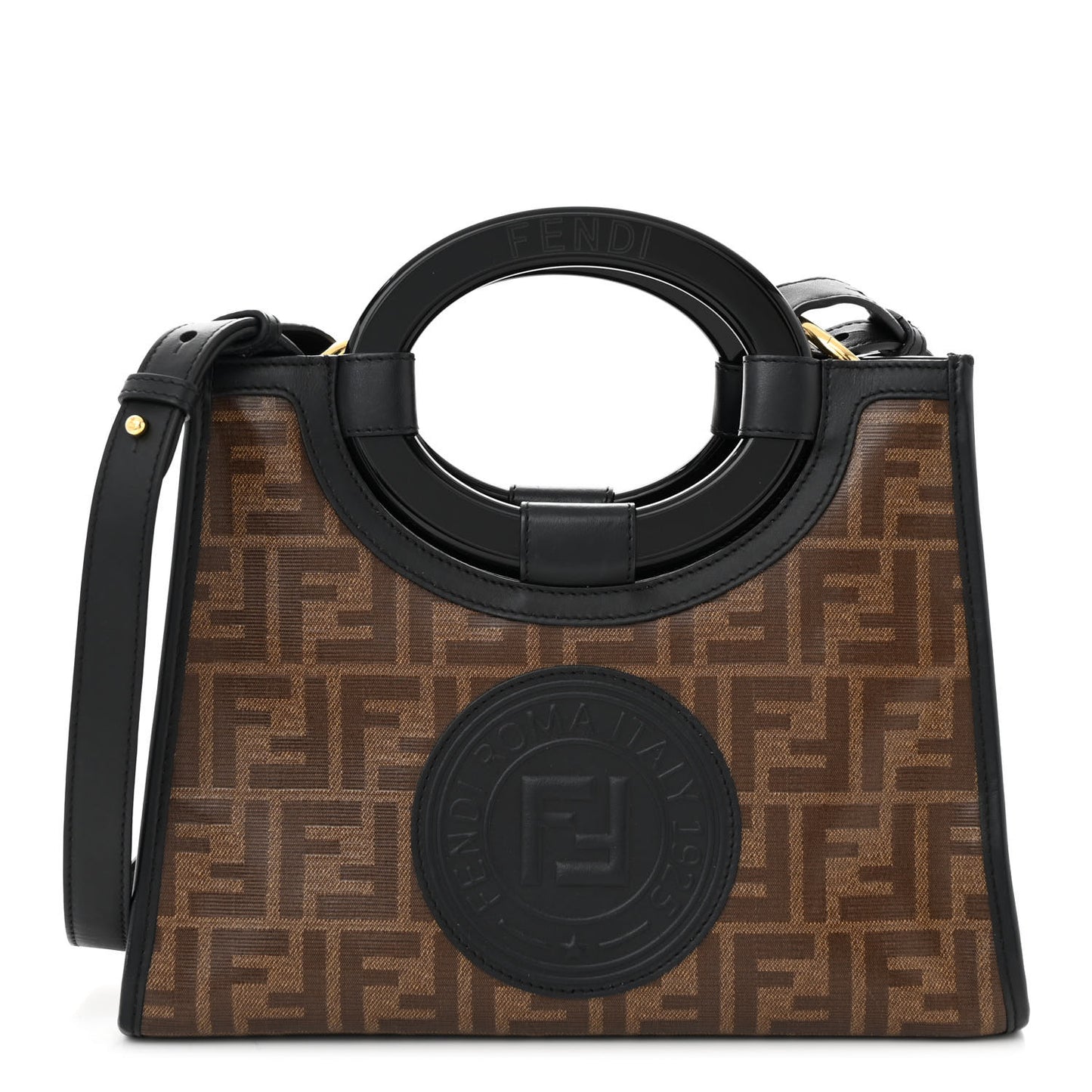 Glazed Fabric Vitello Century Plexiglass FF 1974 Stamp Patch Small Runaway Shopper Tote Mogano Panna Black