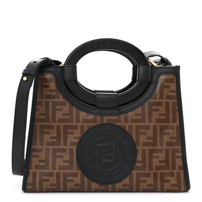 Fendi Glazed Fabric Vitello Century Plexiglass FF 1974 Stamp Patch Small Runaway Shopper Tote Mogano Panna Black 1 of 10
