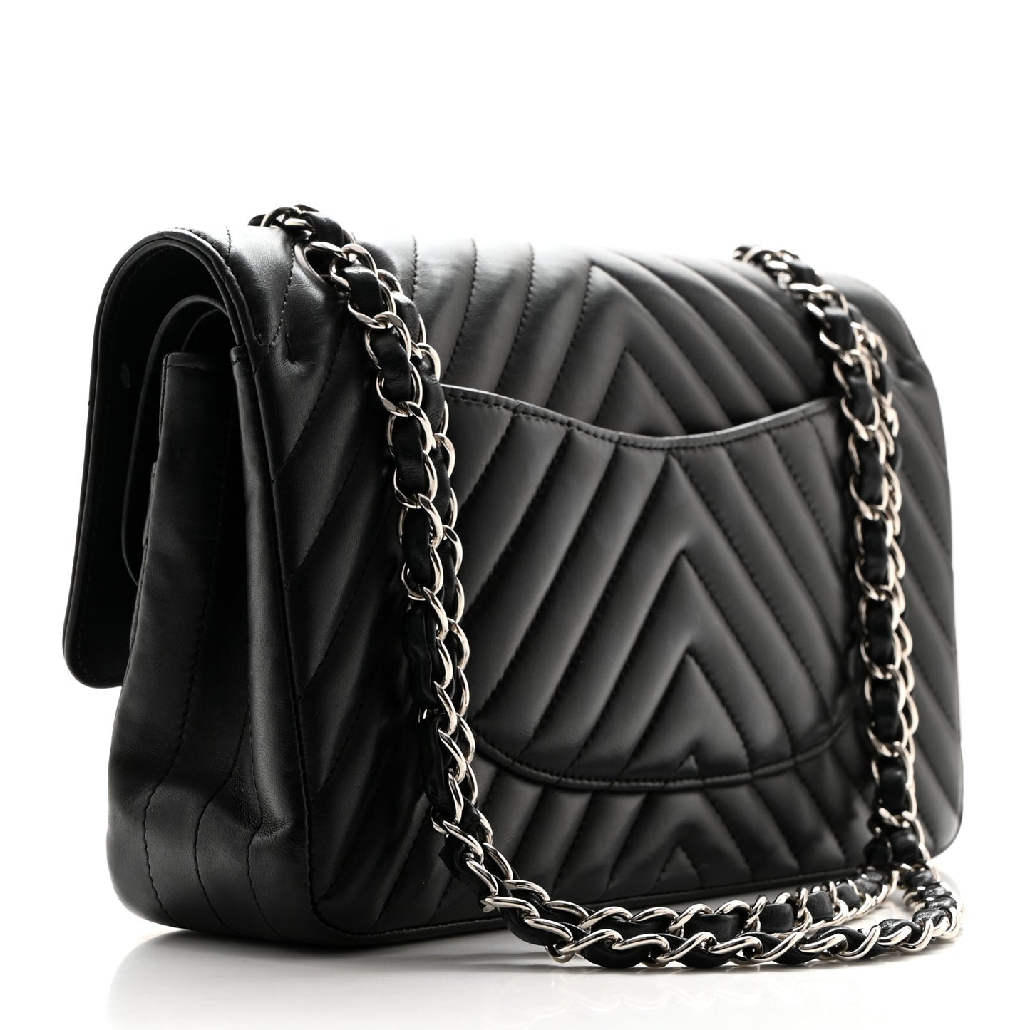 Lambskin Chevron Quilted Medium Double Flap Black