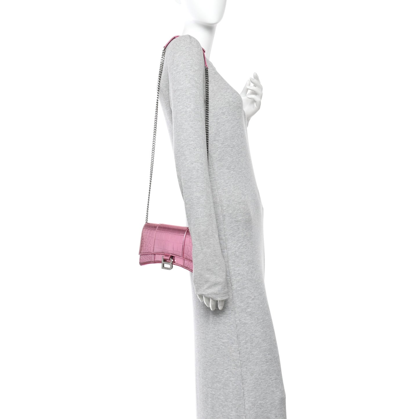Metallic Shiny Calfskin Crocodile Embossed Hourglass Chain Bag Pink