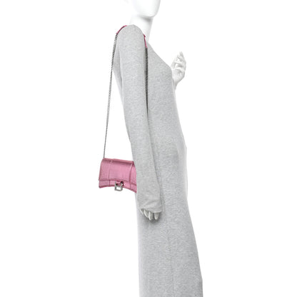 Balenciaga Metallic Shiny Calfskin Crocodile Embossed Hourglass Chain Bag Pink 2 of 13