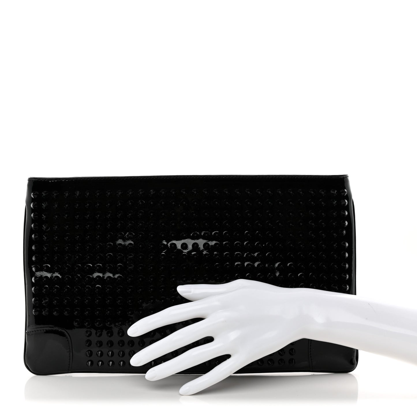 Patent Calfskin Studded Loubiposh Chain Clutch Black