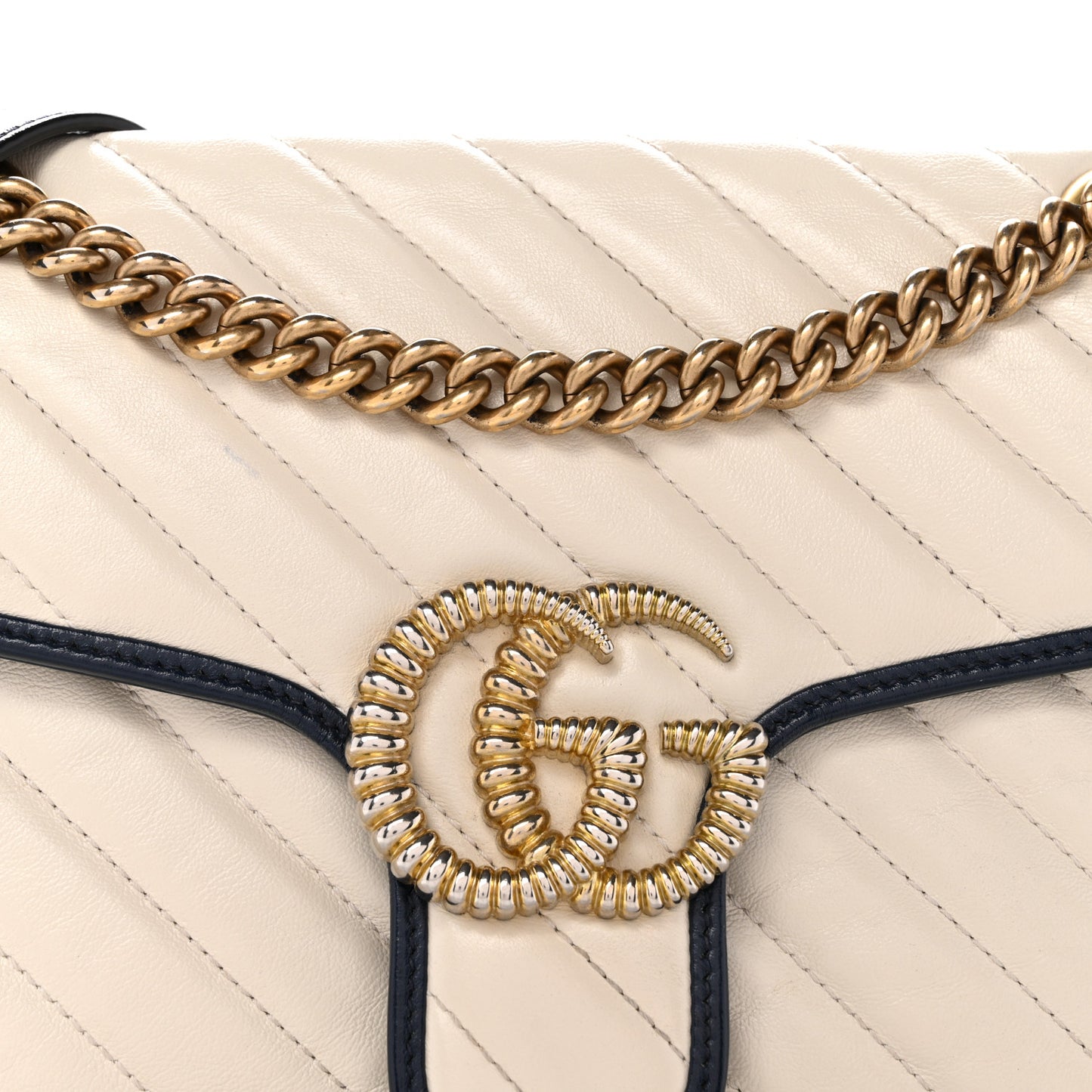 Vintage Effect Calfskin Matelasse Diagonal Small Torchon GG Marmont Shoulder Bag Mystic White Blue Agata