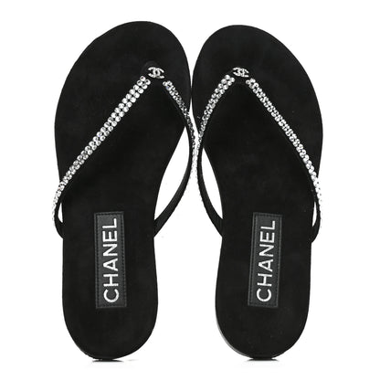 Chanel Suede Kidskin Strass CC Thong Sandals 37 Black 2 of 8