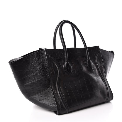 Celine Crocodile Embossed Calfskin Medium Phantom Luggage Black 3 of 18