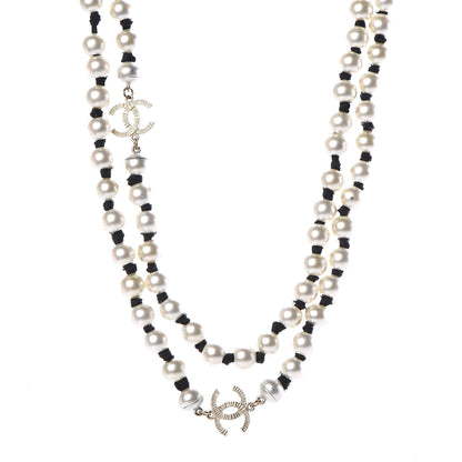 Chanel Pearl CC Long Necklace Gold Pearly White Black 1 of 9