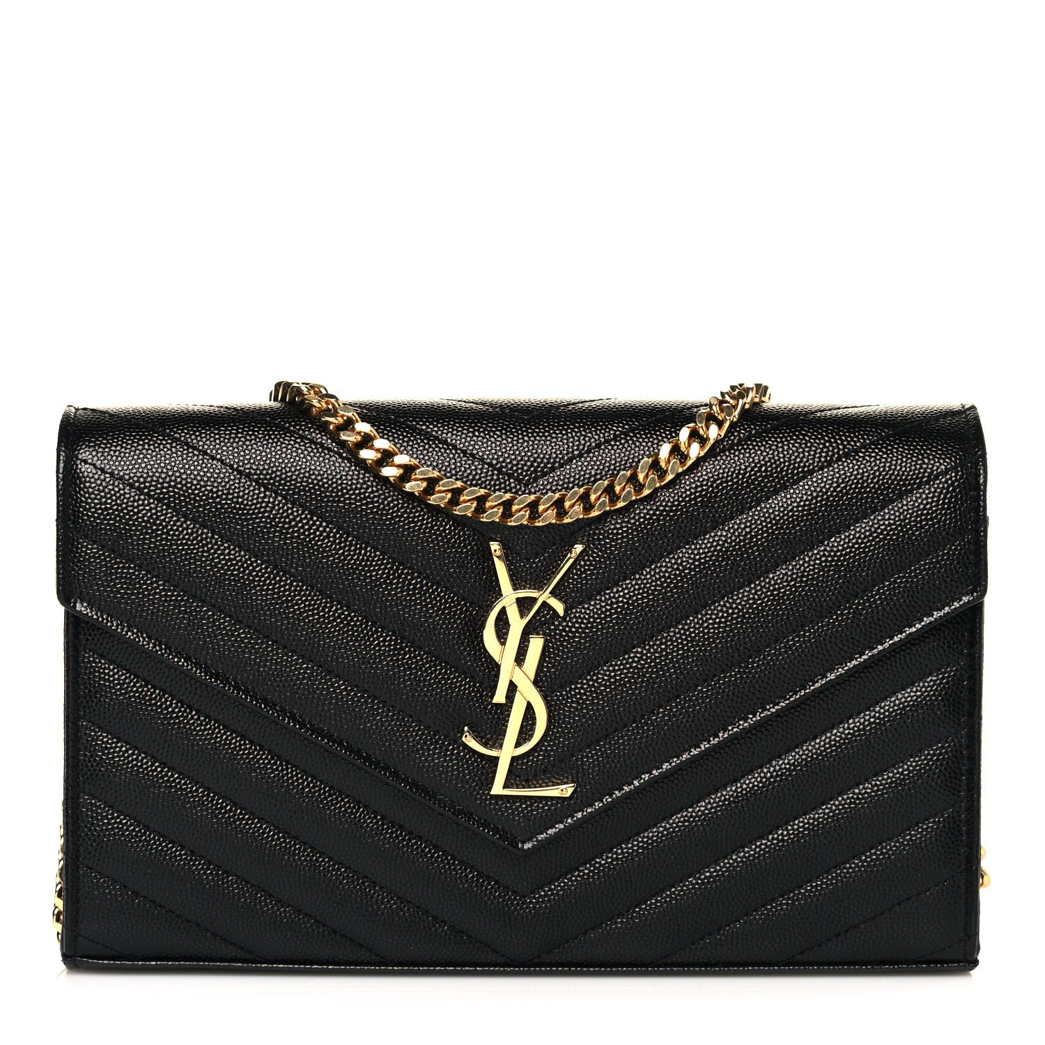Saint Laurent Grain De Poudre Matelasse Chevron Monogram Chain Wallet Black 1 of 12