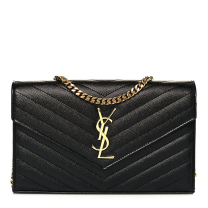 Saint Laurent Grain De Poudre Matelasse Chevron Monogram Chain Wallet Black 1 of 12