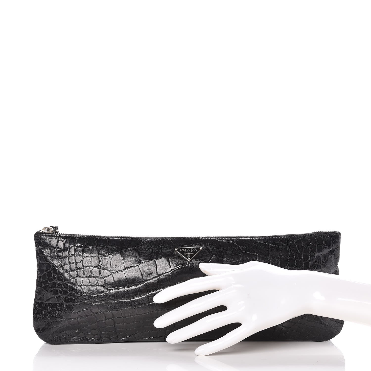 Prada Calfskin Crocodile Embossed Long Clutch Black 2 of 9