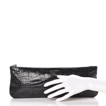 Prada Calfskin Crocodile Embossed Long Clutch Black 2 of 9