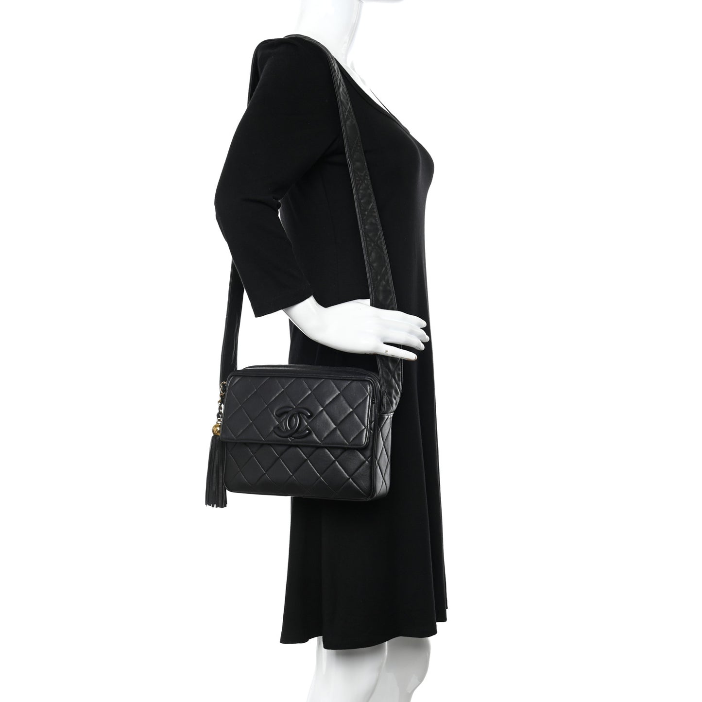 Lambskin Quilted Tassel Flap Camera Case Black