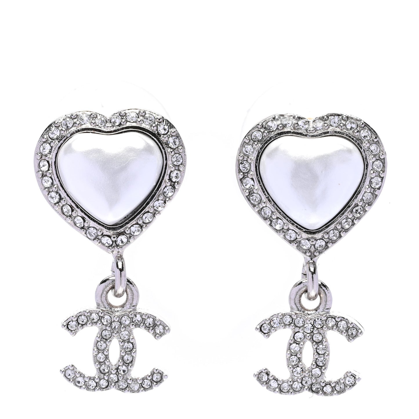 Pearl Crystal CC Heart Drop Earrings Silver