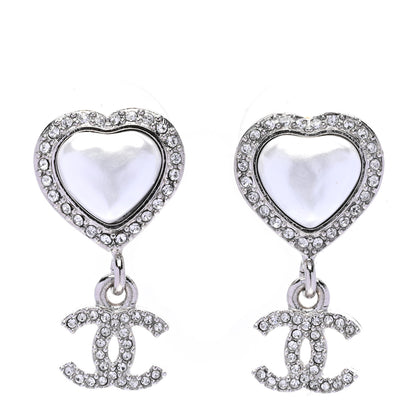 Chanel Pearl Crystal CC Heart Drop Earrings Silver 1 of 5