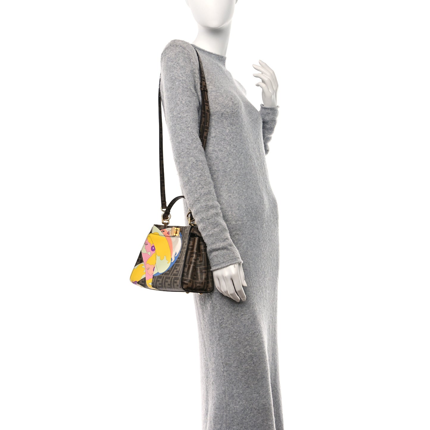 Glazed Fabric Vitello FF 1974 Hairdo Girls Inlay Mini Peekaboo Iconic Satchel Mogano Panna Multicolor