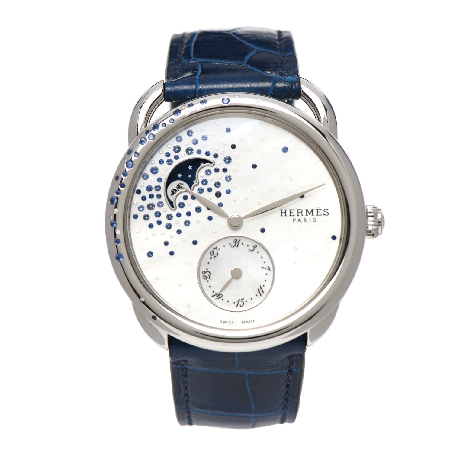Hermes Stainless Steel Alligator Diamond Blue Sapphire Mother of Pearl 38mm Arceau Petite Lune Automatic Watch Bleu Saphir 1 of 5