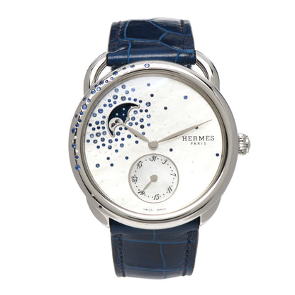 Hermes Stainless Steel Alligator Diamond Blue Sapphire Mother of Pearl 38mm Arceau Petite Lune Automatic Watch Bleu Saphir 1 of 5