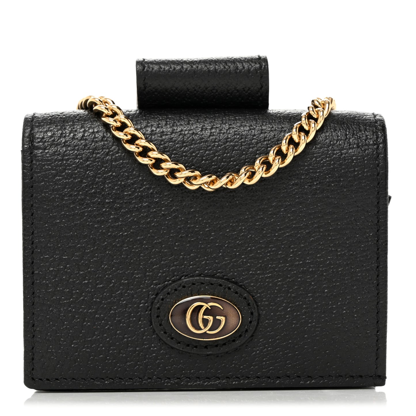 Textured Calfskin Enamel GG Hardcase Lipstick Holder Chain Wallet Black