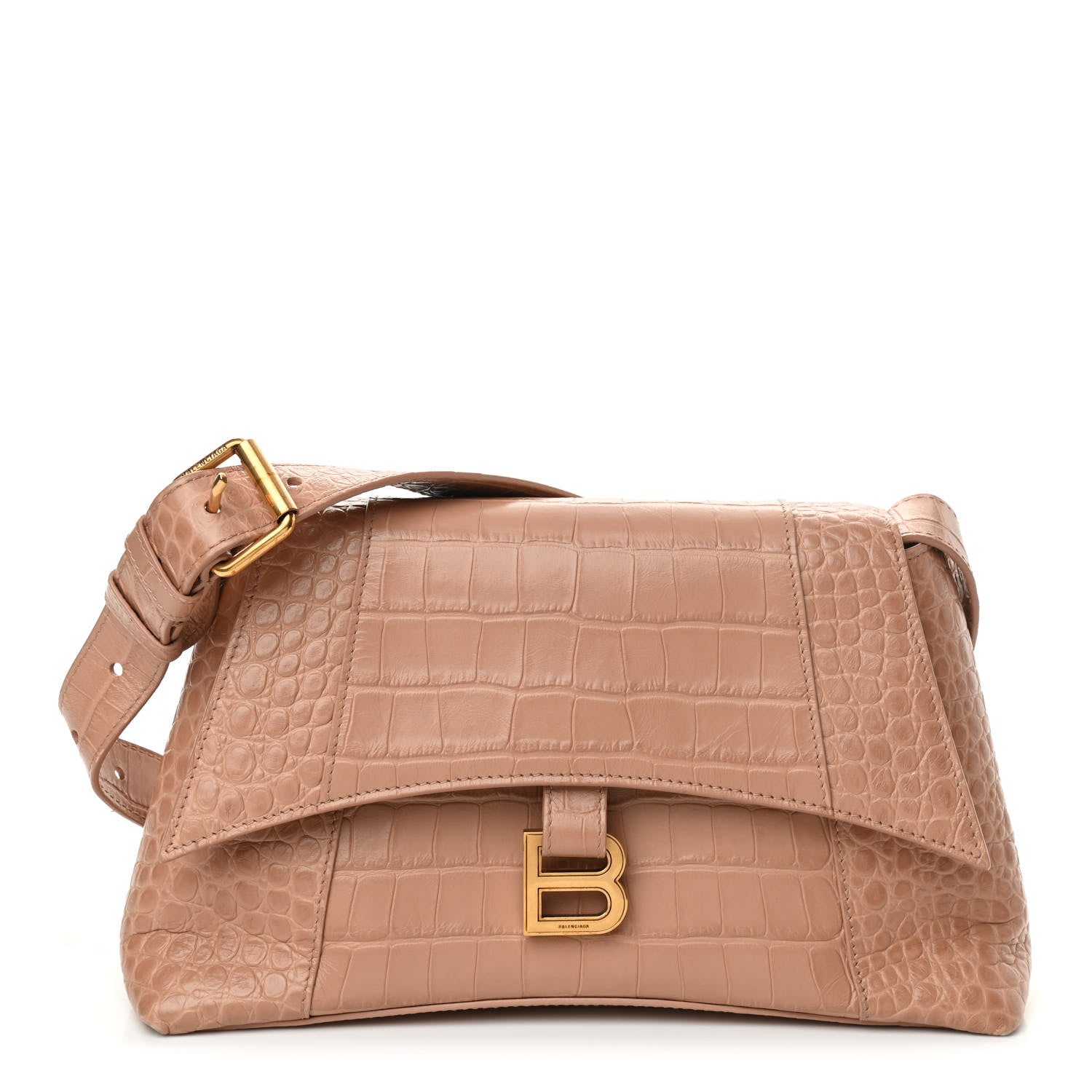 Balenciaga Extra Supple Calfskin Crocodile Embossed Small Downtown Shoulder Bag Nude Beige 1 of 10