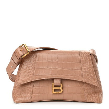 Balenciaga Extra Supple Calfskin Crocodile Embossed Small Downtown Shoulder Bag Nude Beige 1 of 10