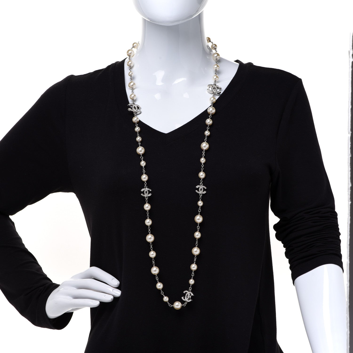 Chanel Crystal Pearl CC Long Necklace Silver 2 of 6