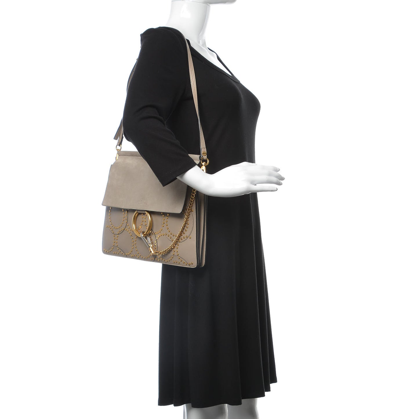 Calfskin Suede Studded Medium Faye Shoulder Bag Motty Grey