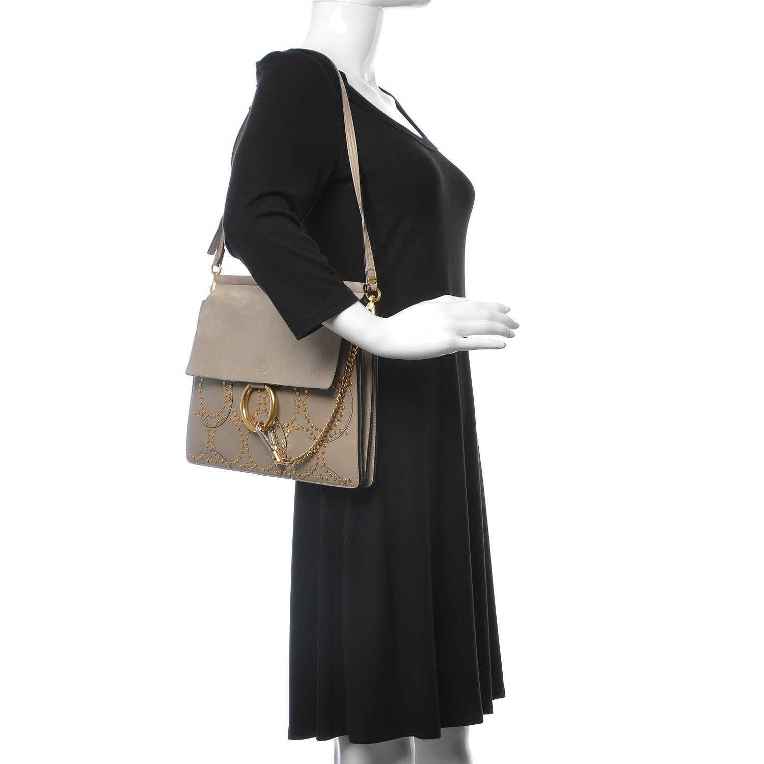 Chloe Calfskin Suede Studded Medium Faye Shoulder Bag Motty Grey 2 of 7