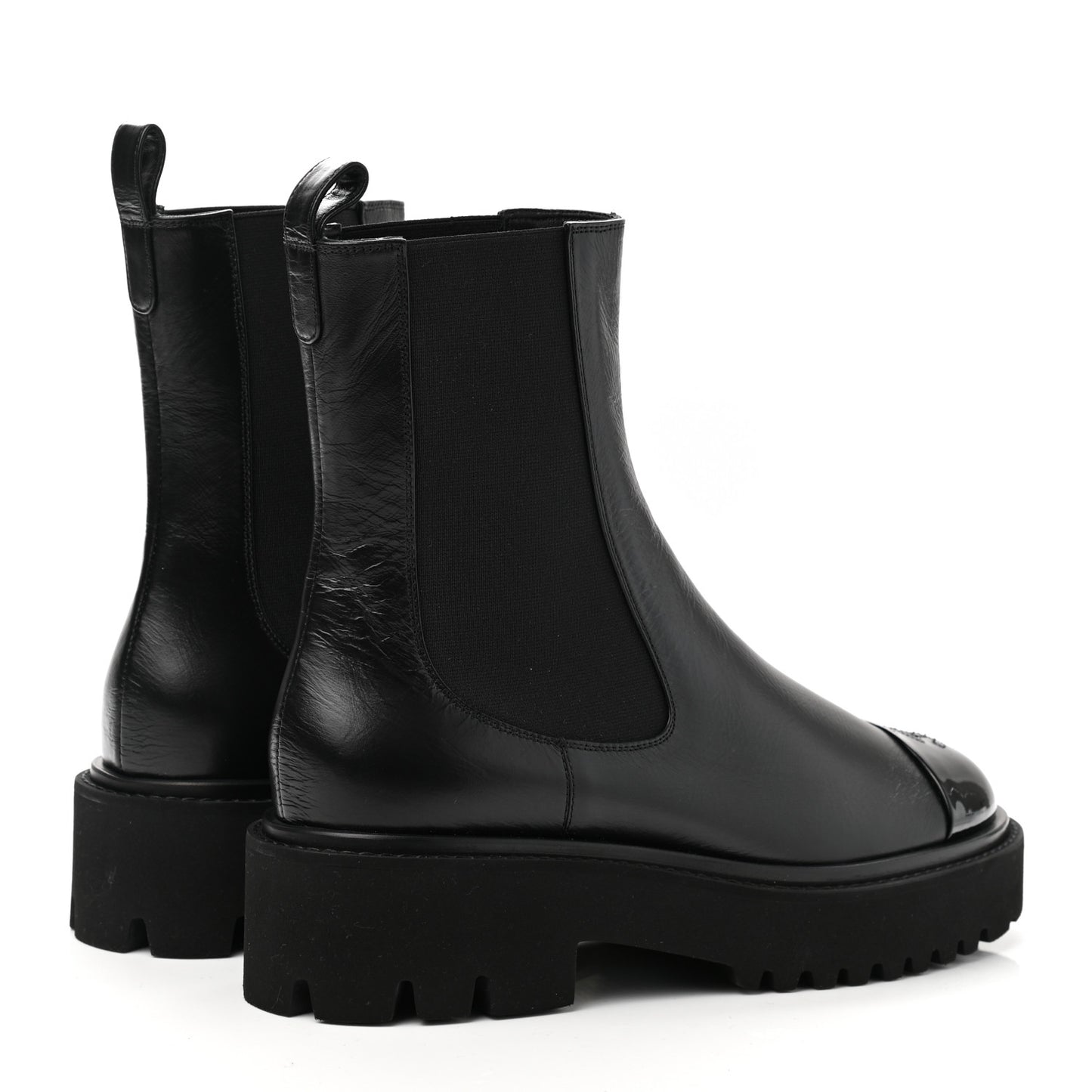 Crumpled Calfskin Patent Cap Toe Short Boots 40 Black