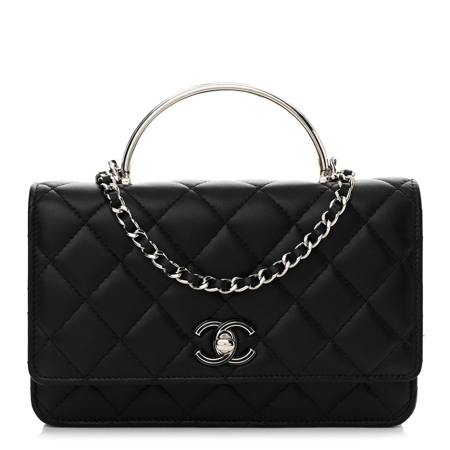 Lambskin Quilted Metal Top Handle Wallet On Chain WOC Black