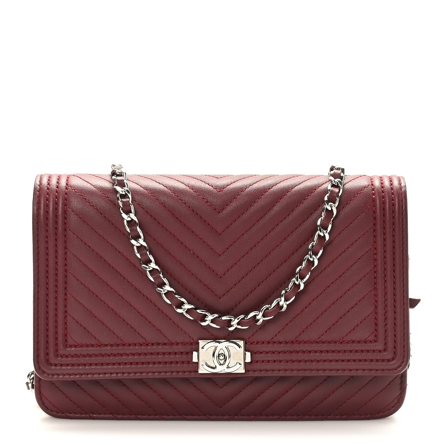 Calfskin Chevron Quilted Boy Wallet On Chain WOC Burgundy