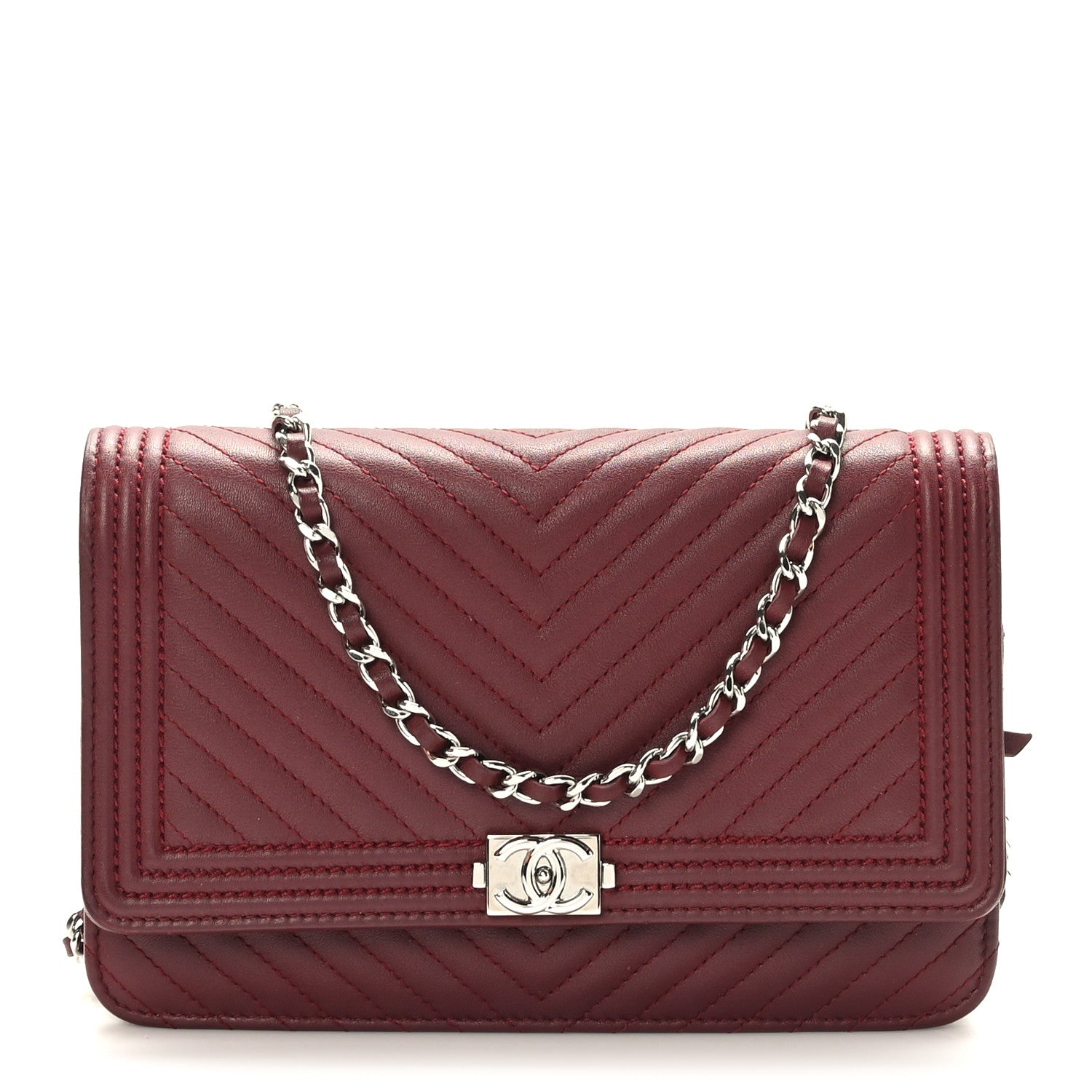 Chanel Calfskin Chevron Quilted Boy Wallet On Chain WOC Burgundy 1 of 11