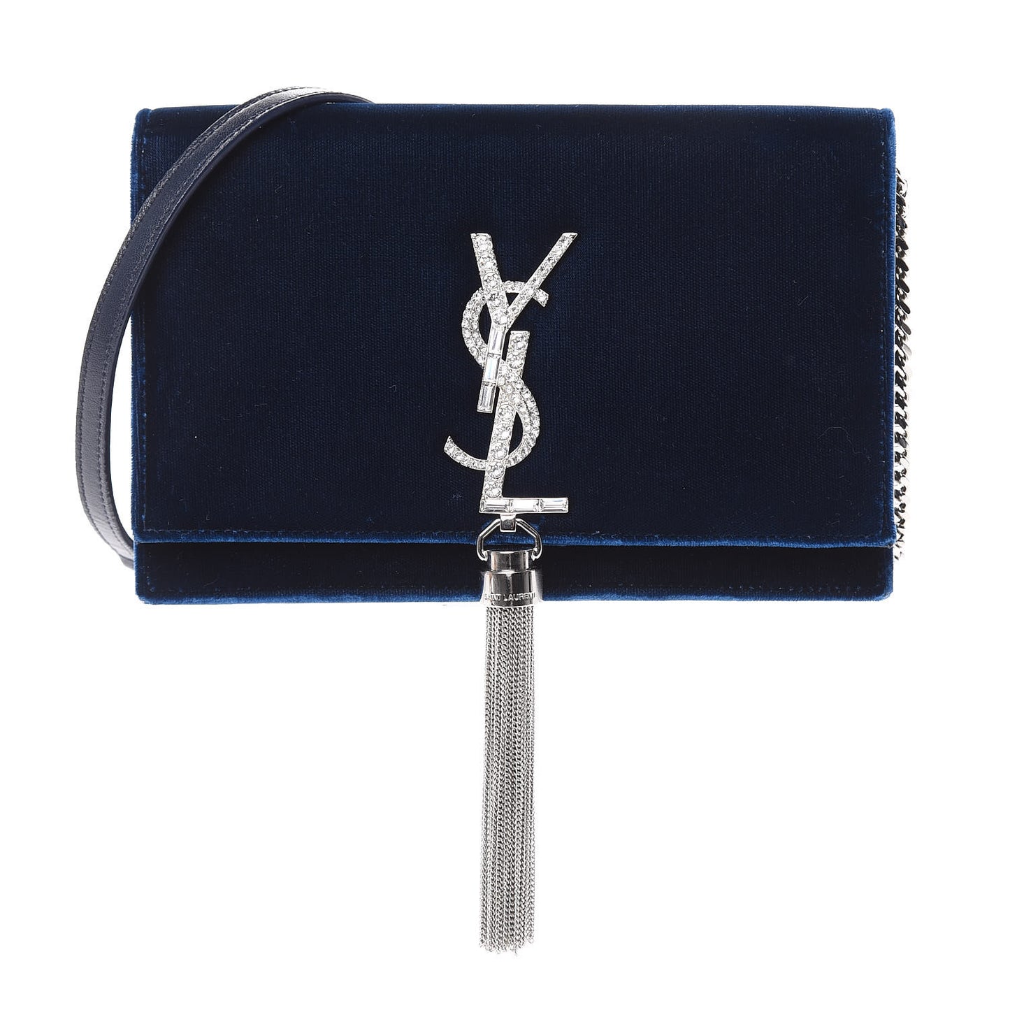 Velvet Crystal Monogram Kate Tassel Chain Wallet Blue