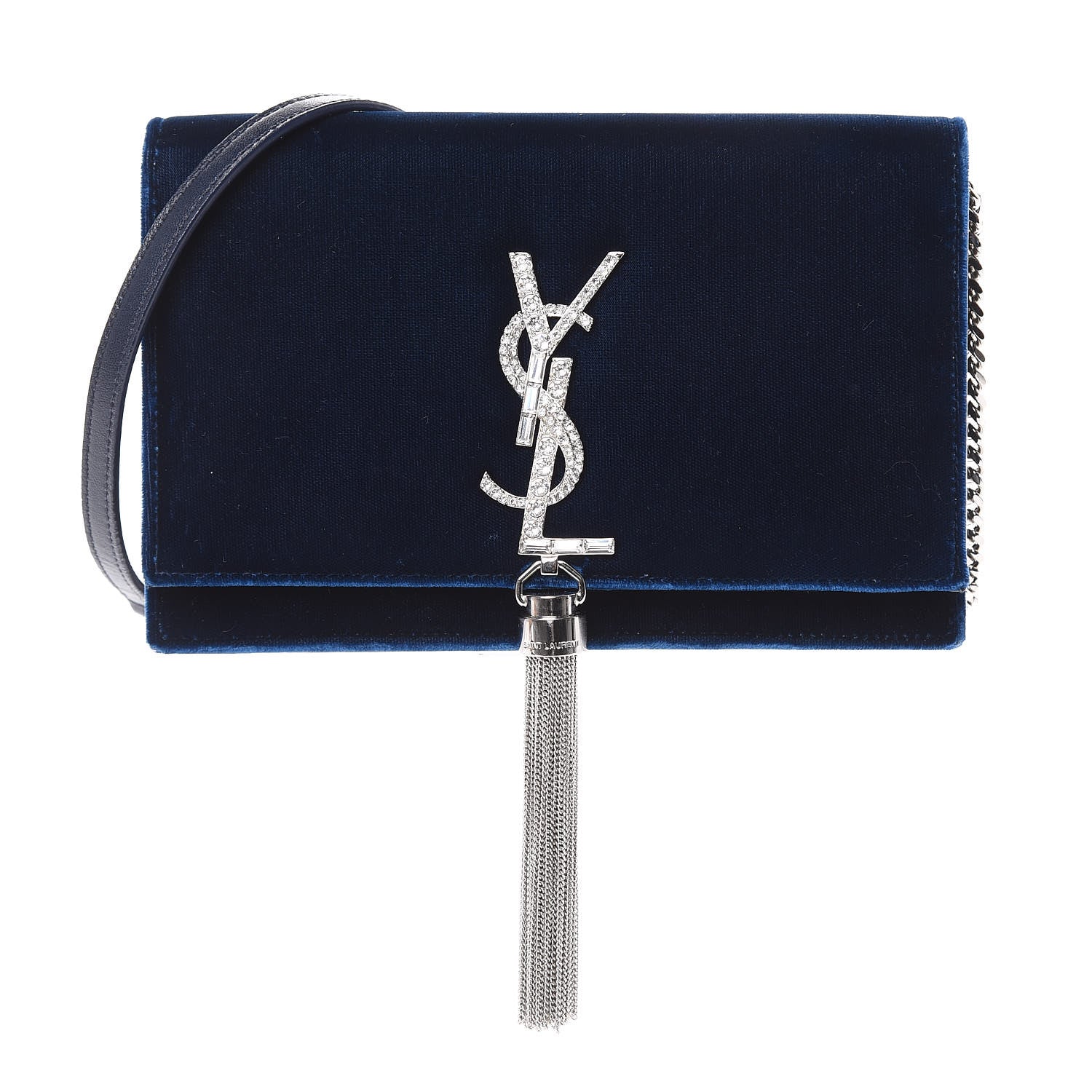 Saint Laurent Velvet Crystal Monogram Kate Tassel Chain Wallet Blue 1 of 11