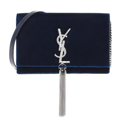 Saint Laurent Velvet Crystal Monogram Kate Tassel Chain Wallet Blue 1 of 11