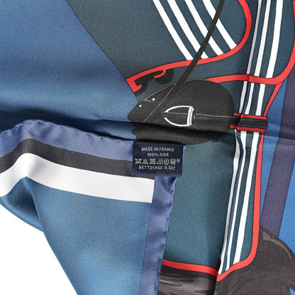 Hermes Silk Cheval A La Couveture Pocket Square Bleu Petrole Marine 3 of 4
