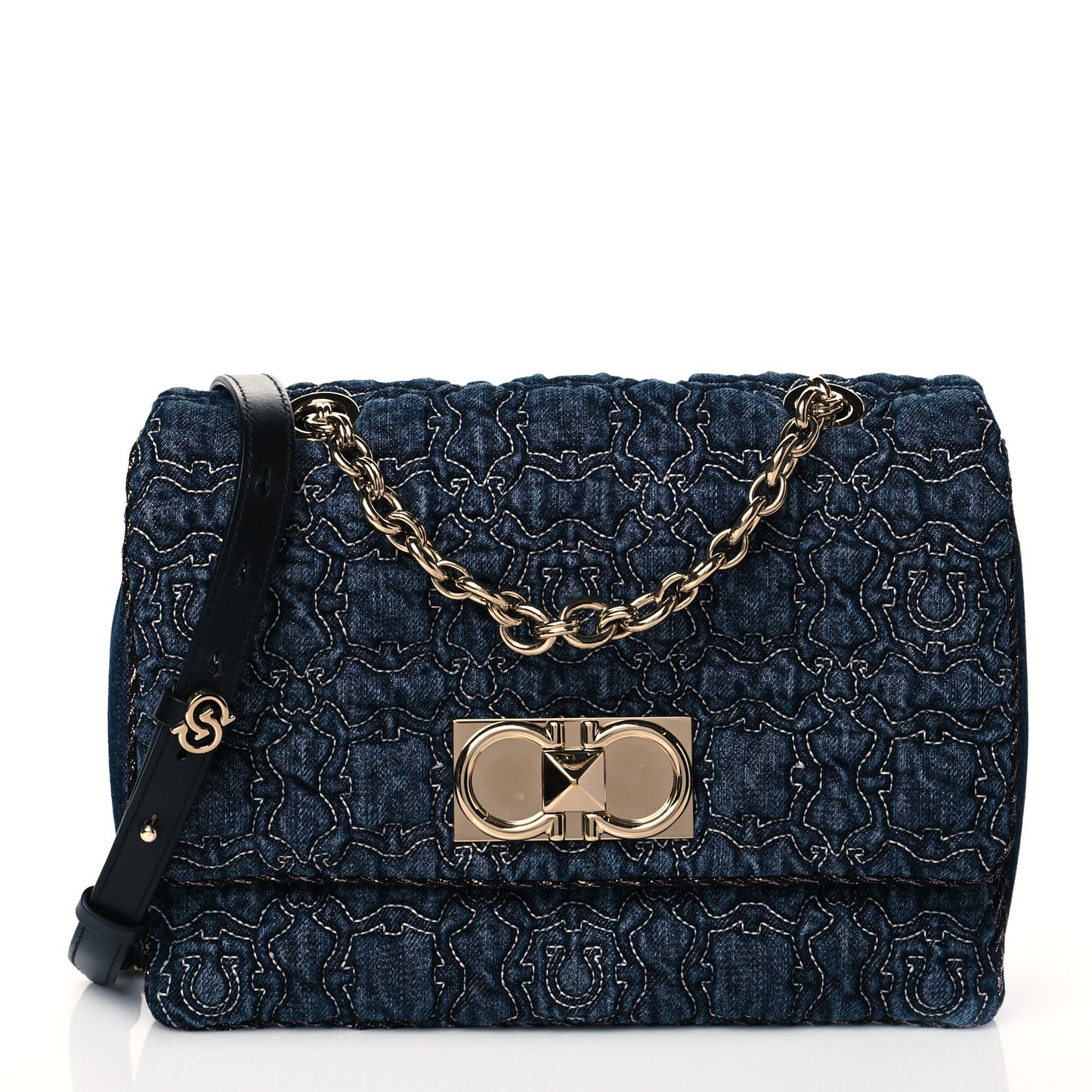 Denim Quilted Gancini Small Flap Bag Blue