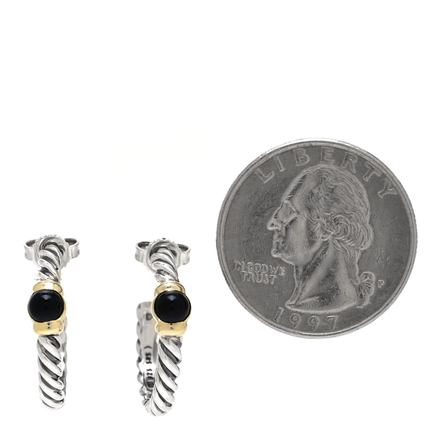 Sterling Silver 14K Yellow Gold Black Onyx Cable Classics Station Hoop Earrings