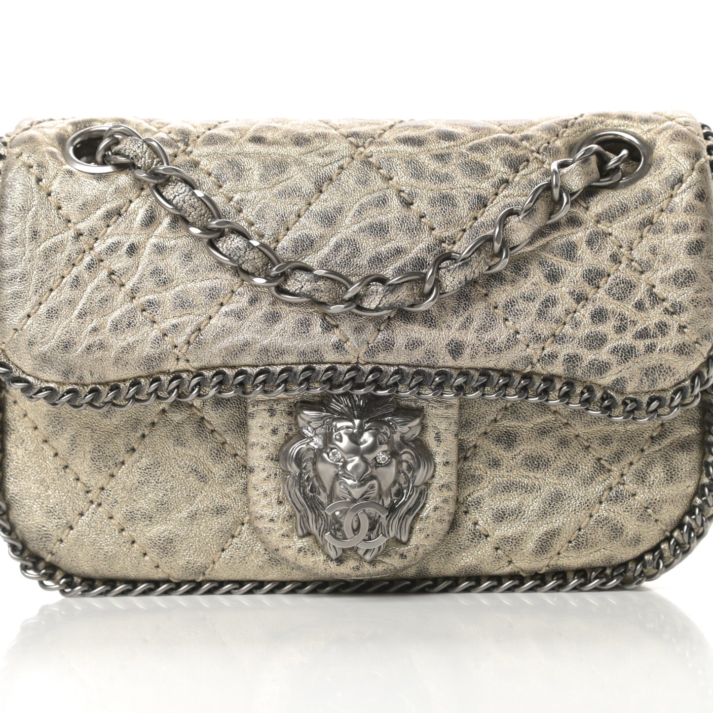 Distressed Lambskin Mini Leo Lion Flap Metallic