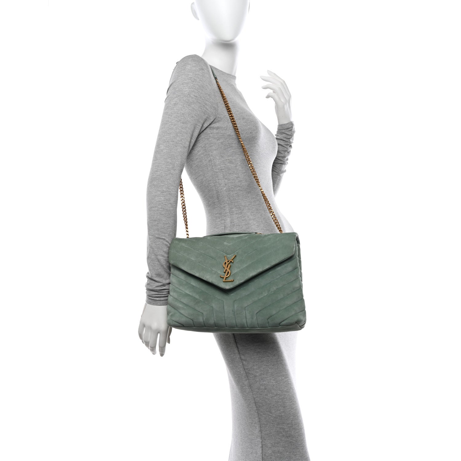 Saint Laurent Suede Y Quilted Monogram Medium Loulou Chain Satchel Vert Opaline 2 of 11