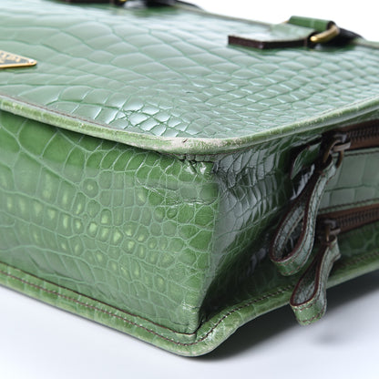 Prada Shiny Calfskin Crocodile Embossed Double Zip Bauletto Larice 8 of 11