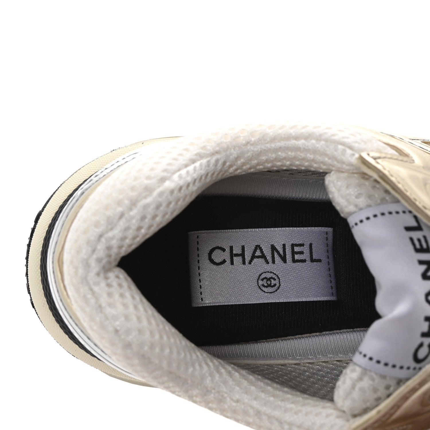 Chanel Fabric Laminated Calfskin Stretch CC Womens Sneakers 38.5 White Gold Silver 8 of 10